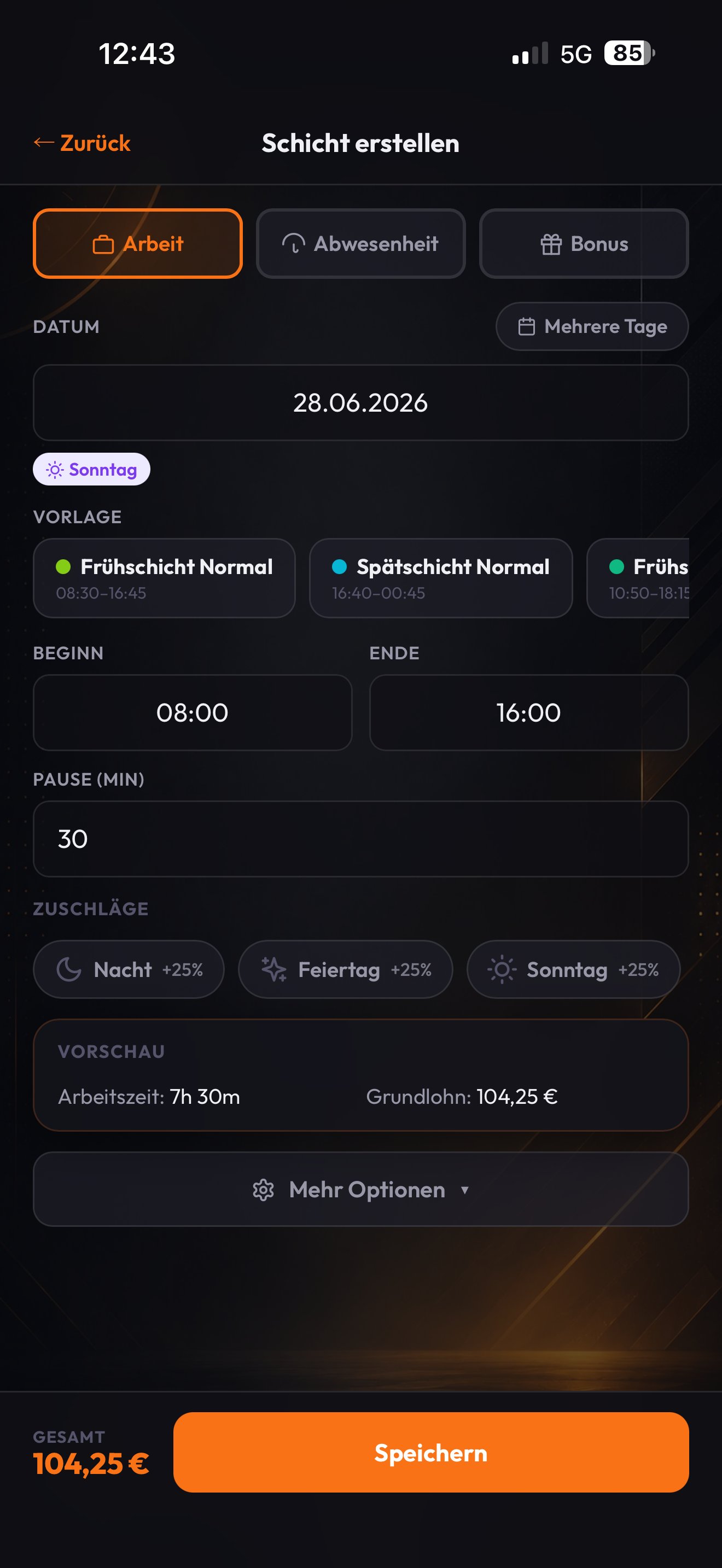 Schicht erstellen mit Vorlagen und Live-Verdienst