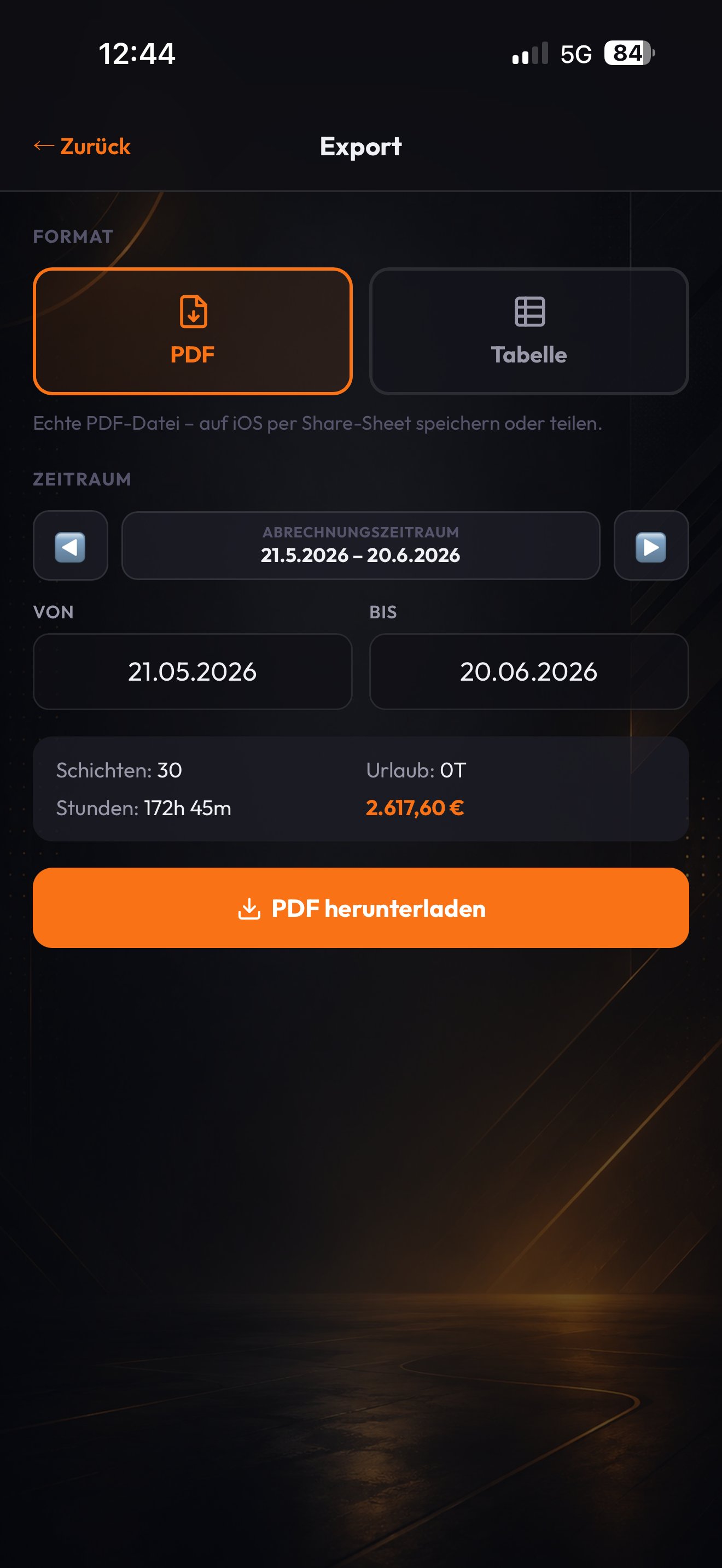 Export als PDF oder Tabelle